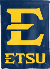 Load image into Gallery viewer, blue double sided house flag with e etsu logo for man cave decor