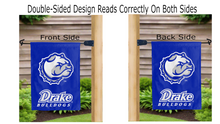 Load image into Gallery viewer, drake bulldogs logo reading correctly on both sides of blue garden flag