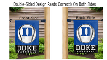 Load image into Gallery viewer, duke baseball logo reading correctly on both sides of blue and black double sided garden flag
