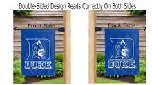 Load image into Gallery viewer, duke devils logo reading correctly on both sides of blue garden flag