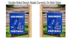 Load image into Gallery viewer, ecsu vikings football logo reading correctly on both sides of blue double sided garden flag