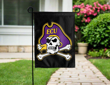 Load image into Gallery viewer, black ecu garden flag with skull logo hung outside for yard decor