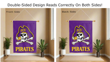 Load image into Gallery viewer, ecu pirates logo reading correctly on both sides of purple double sided house flag