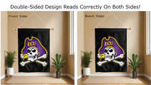 Load image into Gallery viewer, ecu skull logo reading correctly on both sides of black house flag
