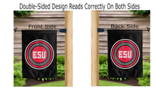 Load image into Gallery viewer, esu warriors seal logo reading correctly on both sides of black double sided garden flag