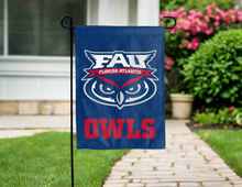 Load image into Gallery viewer, fau owls double sided garden flag hung outside the home for yard decor