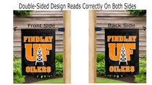 Load image into Gallery viewer, findlay oilers logo reading correctly on both sides of black double sided garden flag