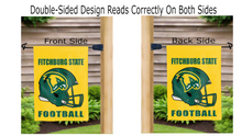 Load image into Gallery viewer, fitchburg state football logo reading correctly on both sides of gold double sided garden flag