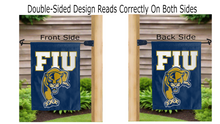 Load image into Gallery viewer, fiu panthers logo reading correctly on both sides of blue double sided garden flag