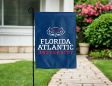Load image into Gallery viewer, blue florida atlantic university garden flag hung outside for yard decor