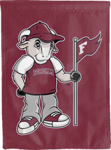 Load image into Gallery viewer, red fordham university double sided house flag with mascot logo for game day decor