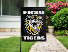 Load image into Gallery viewer, black fort hays state university tigers garden flag hung for yard decor