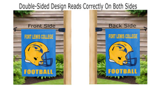Load image into Gallery viewer, fort lewis college football logo reading correctly on both sides of light blue double sided garden flag