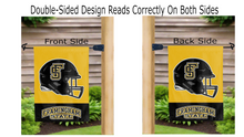 Load image into Gallery viewer, framingham state football logo reading correctly on both sides of gold and black double sided garden flag