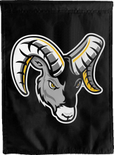 Load image into Gallery viewer, black framingham state university double sided house flag with ram head logo for game day decor