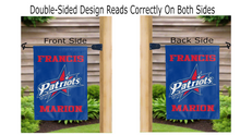 Load image into Gallery viewer, francis marion patriots logo reading correctly on both sides of blue double sided garden flag