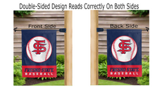 Load image into Gallery viewer, fresno state baseball logo reading correctly on both sides of blue and red double sided garden flag