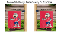 Load image into Gallery viewer, fresno state victor e bulldog logo reading correctly on both sides of red double sided garden flag