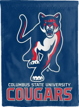 Load image into Gallery viewer, front side of blue and red columbus state university cougars double sided house flag for game day decor