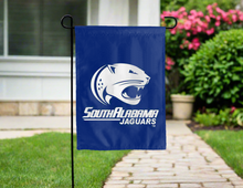 Load image into Gallery viewer, front side of blue and red south alabama jaguars double sided garden flag for yard decor