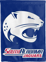 Load image into Gallery viewer, front side of blue and red south alabama jaguars double sided house flag for man cave decor
