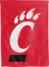Load image into Gallery viewer, front side of cincinnati bearcats red and black double sided house flag for man cave decor