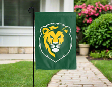 Load image into Gallery viewer, front side of green and gold southeastern louisiana university double sided garden flag for yard decor