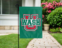 Load image into Gallery viewer, front side of green and red washington university in st louis double sided garden flag for yard decor