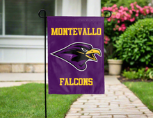 Load image into Gallery viewer, front side of purple montevallo falcons double sided garden flag for yard decor