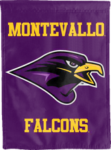 Load image into Gallery viewer, front side of purple montevallo falcons double sided house flag for game day decor
