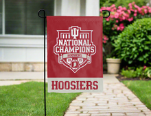 Load image into Gallery viewer, front side of red and grey indiana college football champions 2025 double sided garden flag for yard decor
