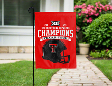 Load image into Gallery viewer, front side of texas tech football garden flag with big 12 conference champions 2025 logo for yard decor