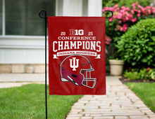 Load image into Gallery viewer, front side view of indiana football garden flag with big ten conference champions logo for yard decor