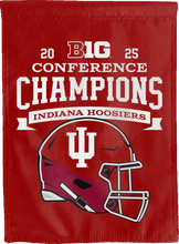 Load image into Gallery viewer, front side view of indiana football house flag with big ten conference champions logo for man cave decor