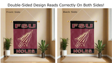 Load image into Gallery viewer, fsu noles logo reading correctly on both sides of black and red double sided house flag
