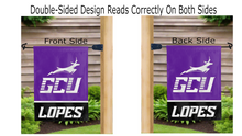 Load image into Gallery viewer, gcu lopes logo reading correctly on both sides of purple and black double sided garden flag