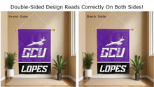 Load image into Gallery viewer, gcu lopes logo reading correctly on both sides of purple and black double sided house flag