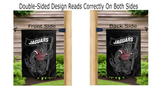 Load image into Gallery viewer, general the jaguar logo reading correctly on both sides of black texas A&M san Antonio double sided garden flag