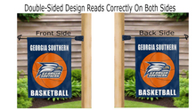Load image into Gallery viewer, georgia southern basketball logo reading correctly on both sides of blue double sided garden flag