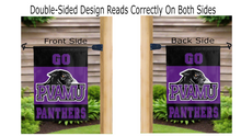 Load image into Gallery viewer, go pvamu panthers logo reading correctly on both sides of purple and black double sided garden flag