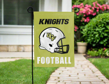 Load image into Gallery viewer, gold double sided garden flag with ucf football logo hung for yard decor