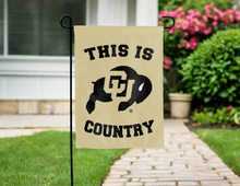 Load image into Gallery viewer, gold garden flag with this is cu buffs country logo for yard decor