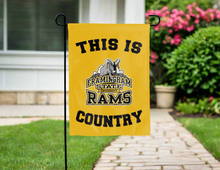 Load image into Gallery viewer, gold double sided garden flag with this is framingham state university rams country logo for yard decor