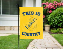 Load image into Gallery viewer, gold double sided garden flag with this is lake superior state lakers country logo for yard decor