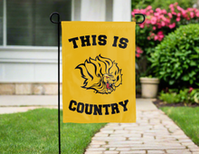 Load image into Gallery viewer, gold double sided garden flag with this is uapb golden lions country logo for yard decor