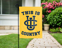Load image into Gallery viewer, gold double sided garden flag with this is uc irvine country logo for yard decor