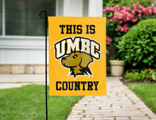 Load image into Gallery viewer, gold double sided garden flag with this is umbc retrievers country logo for yard decor