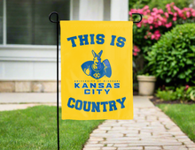Load image into Gallery viewer, gold double sided garden flag with this is university of missouri kansas city country logo for yard decor