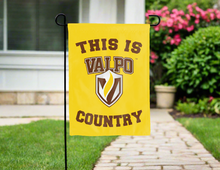 Load image into Gallery viewer, gold double sided garden flag with this is valpo country logo for yard decor