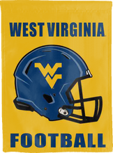 Load image into Gallery viewer, gold double sided house flag with west virginia football logo for college dorm decor